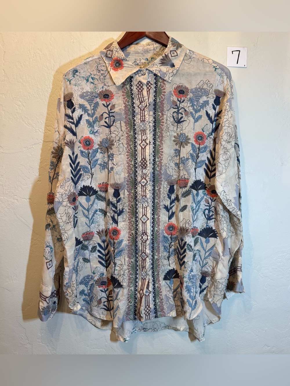 NWT-Johnny Was Floral Embroidered Cream Button-Up Shirt with Blue and Coral